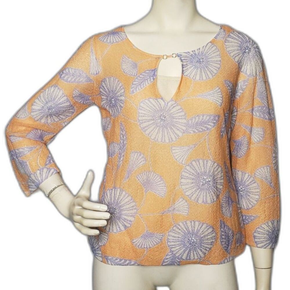 SIGRID OLSEN Orange and Purple Floral Mesh Layered Blouse Womens Size Large